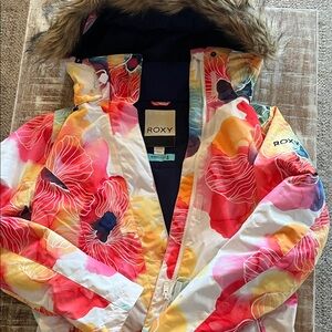 Roxy Multicolor Floral Snow Jacket with removable hood and Faux Fur